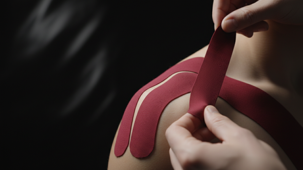 Masaje deportivo en el muslo con kinesiotape colocado.